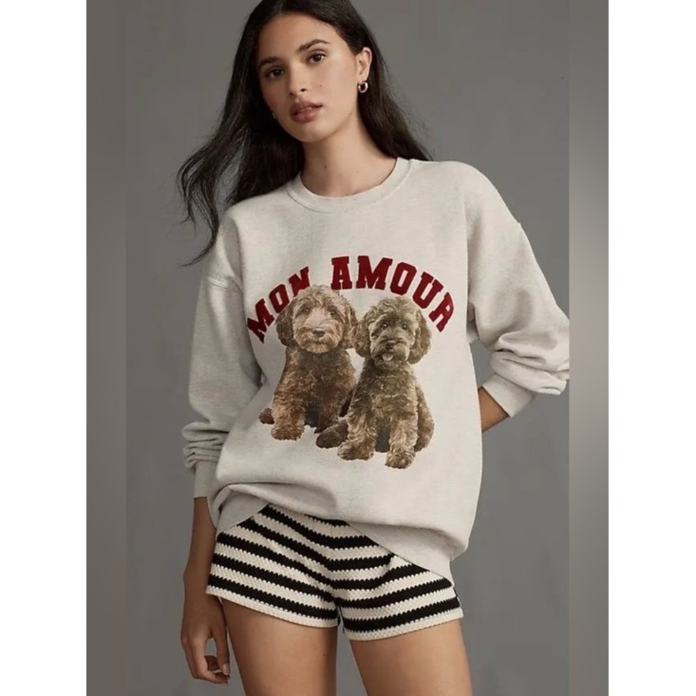 Anthropologie Sweatshirt Women XS Grey Mon Amour Doodle Dog Pullover